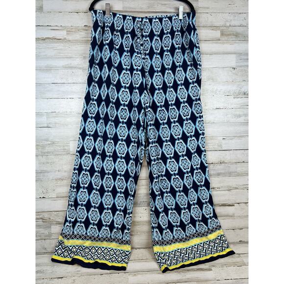 Crown & Ivy Size 1X Wide Leg Elastic Pull-On Palazzo Pants Blue Yellow Pockets - Picture 1 of 7